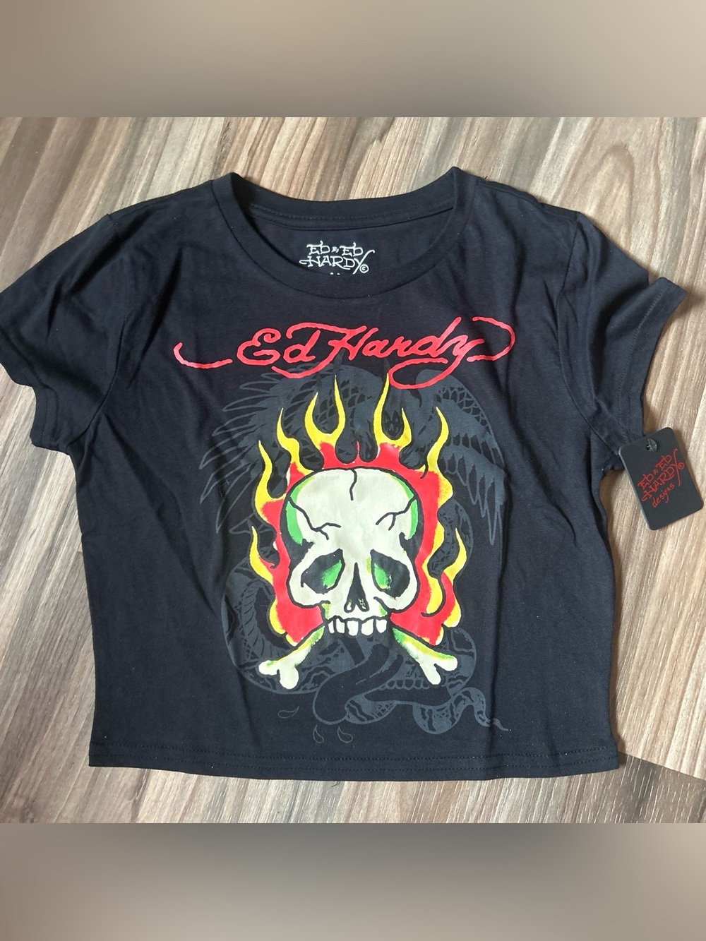 Ed Hardy Black Tee with Neon Skull and Flames